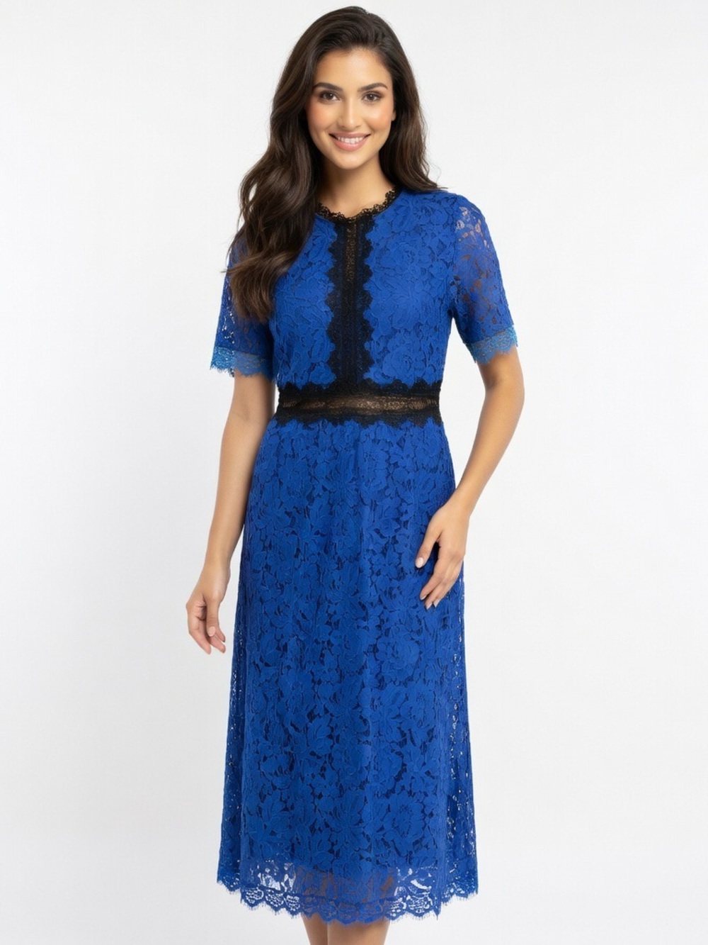 Yishiqi XXL Blue Lace Dress A-Line Sheer Panel Elegant Midi Feminine Chic
